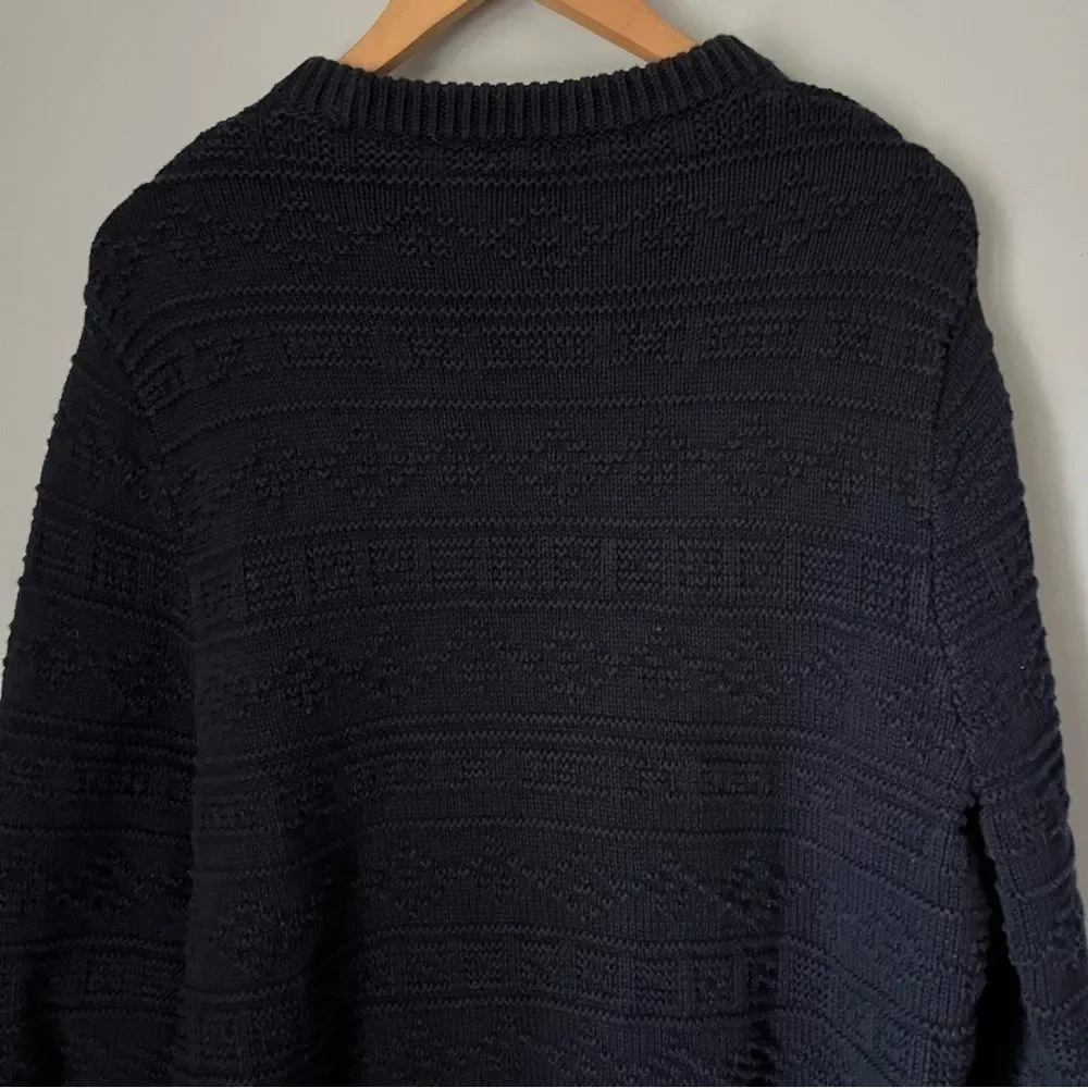 J. Crew Guernsey Combination Stitch Navy Blue Knit Crewneck Sweater Size Large